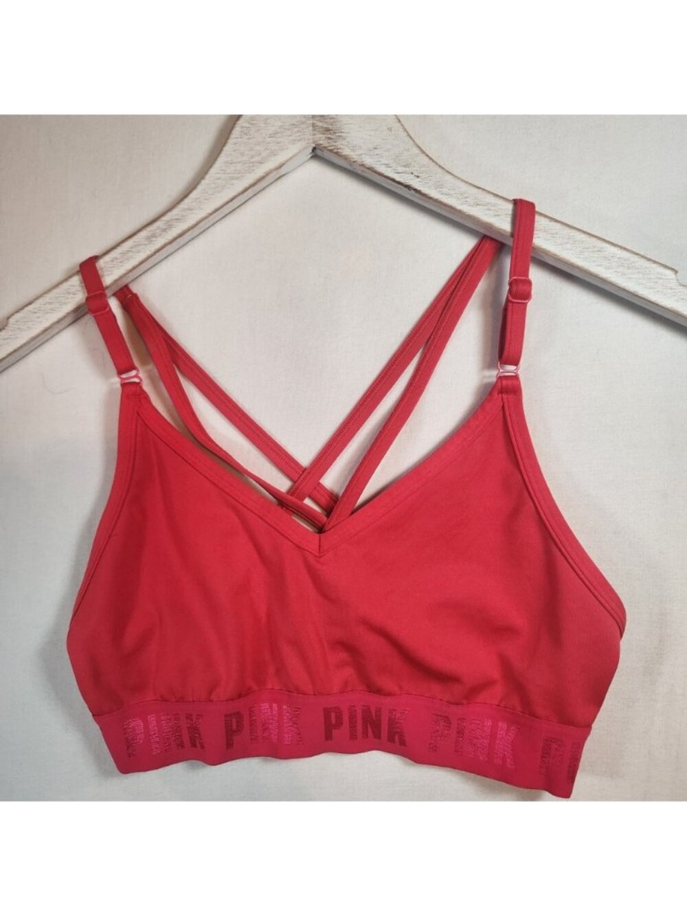 Victoria's Secret PINK Red Strappy Cross Back Sports Bra V-Neck Logo Band